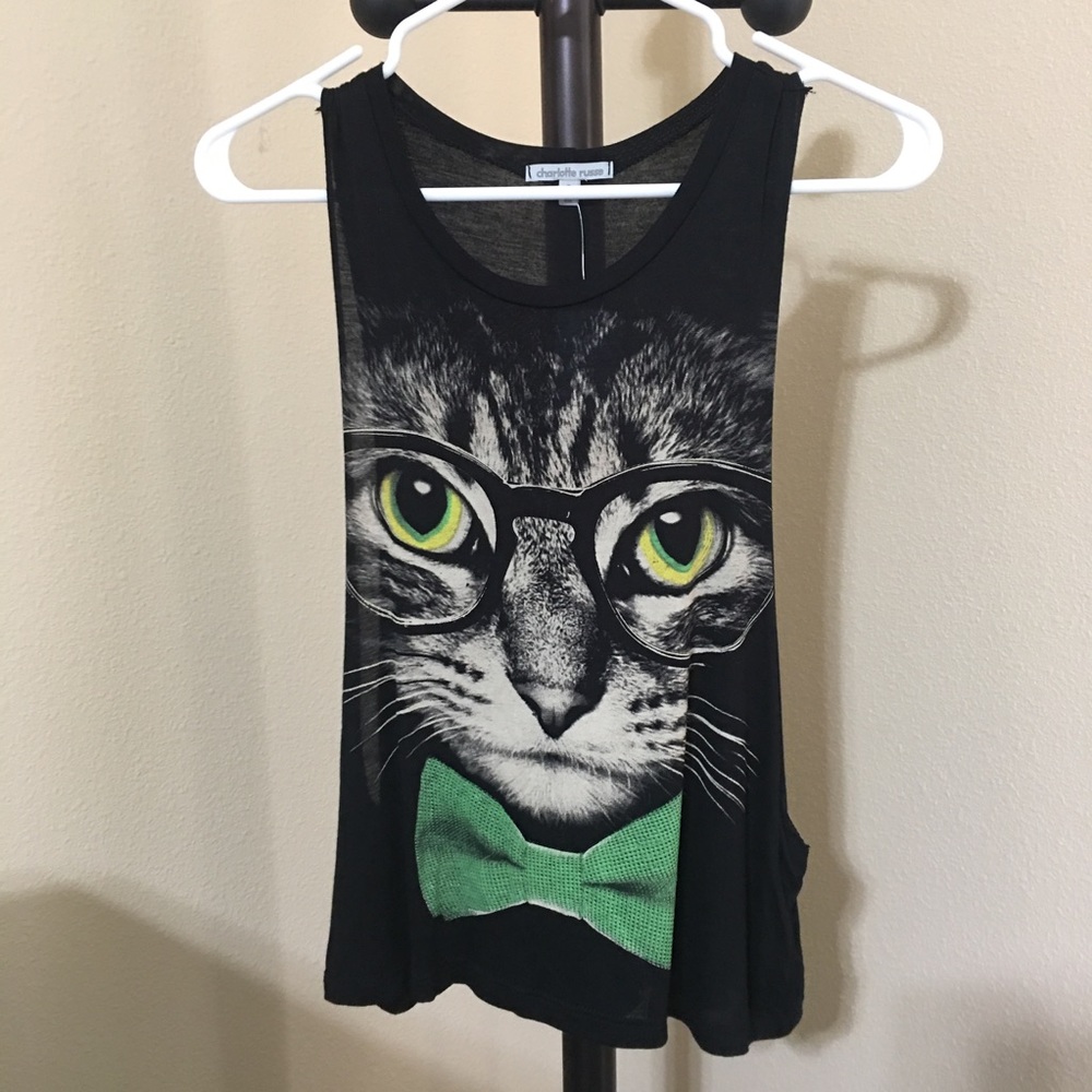 Charlotte Russe Cat Graphic Open-Arm Muscle Top